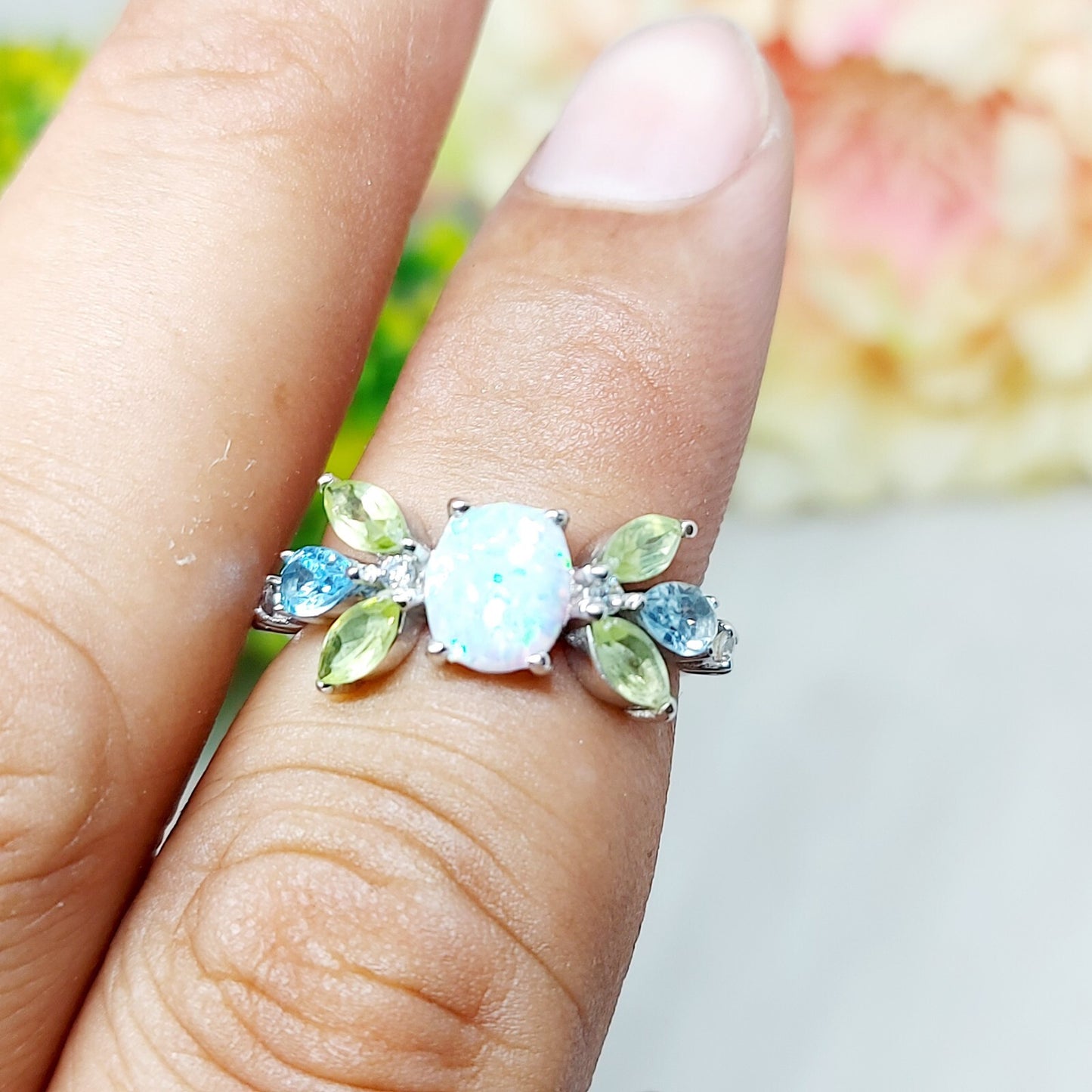 925 Silver Peridot Opal Cluster Ring Oval Cut Opal Promise Wedding Ring US5 ~15