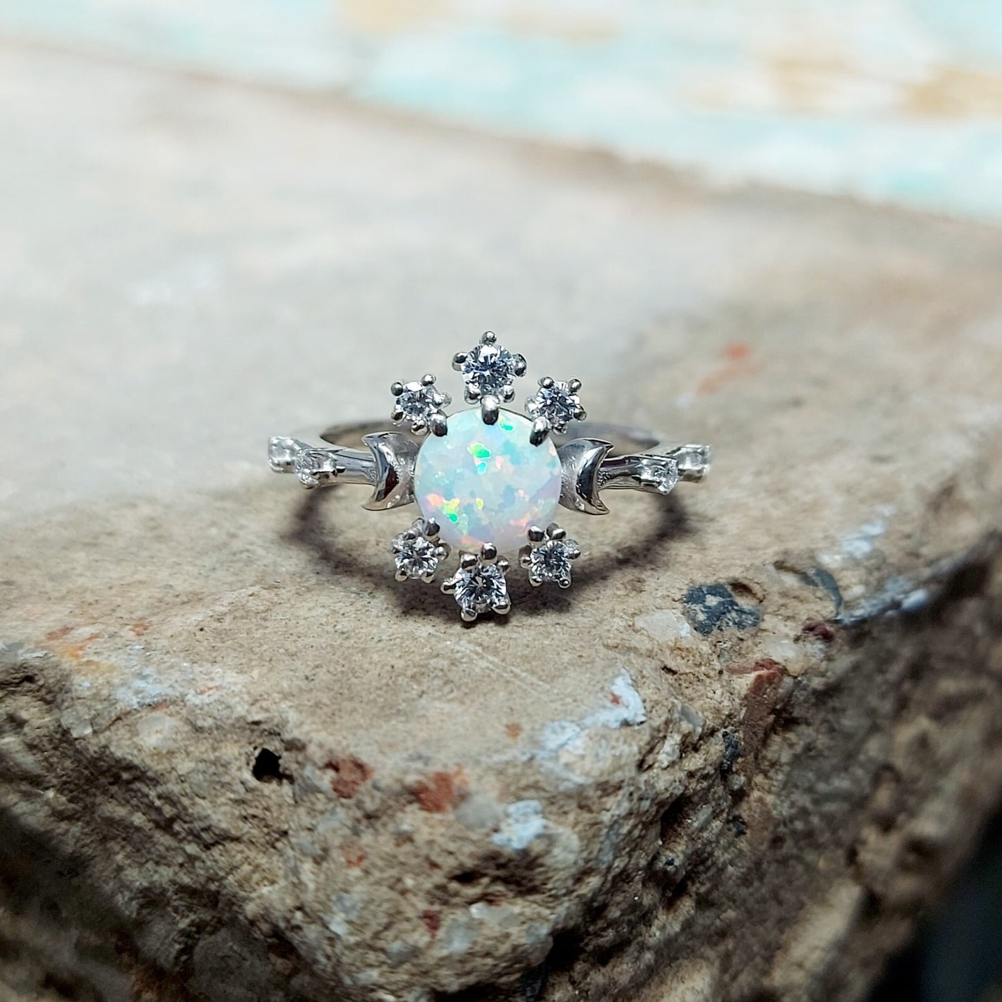 Natural Opal Ring Round Cut CZ Cluster 925 Silver Gift Ring US5~15 Vintage Look