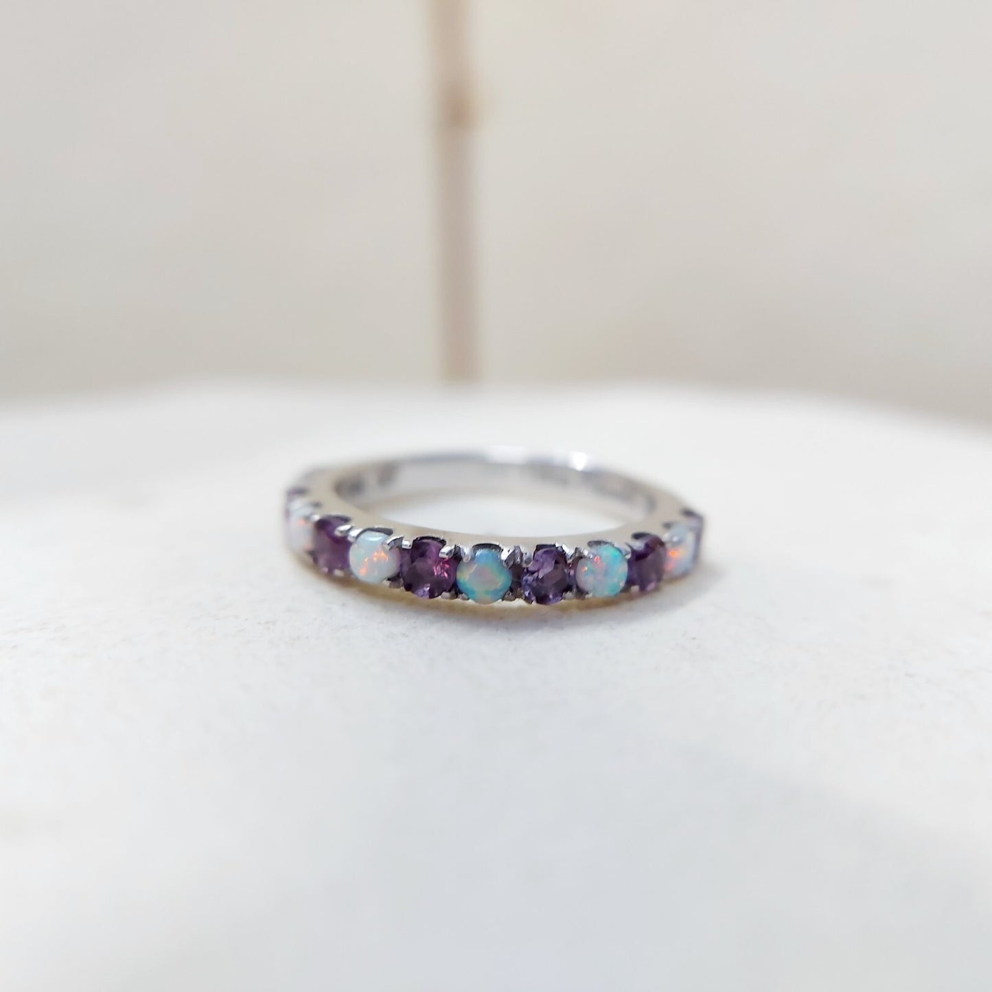Fire Opal Amethyst Ring Genuine Silver Half Eternity Band Handmade Women US5~15