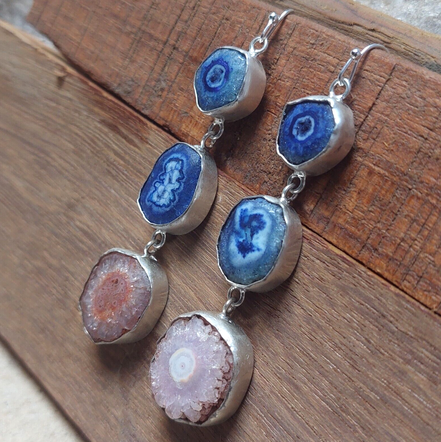 Natural Blue And Pink Solar Quartz 925 Sterling Silver Handmade Earring For Her