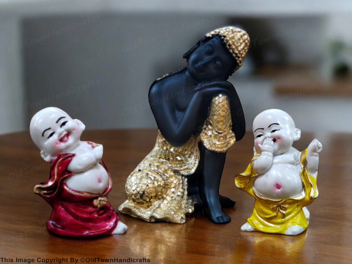 Divine Resting Buddha Idol with Two Child Monks Home Office Decor Gift Showpiece