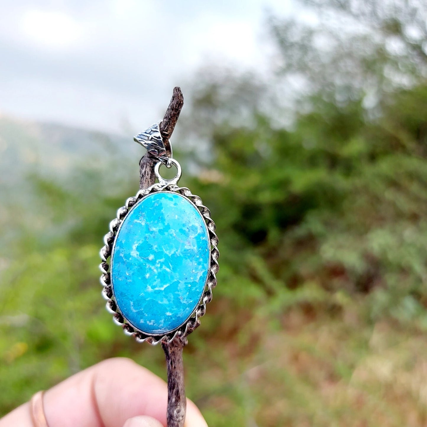 Oval Turquoise Sterling Silver Pendant Handmade Gemstone Celtic Rustic Mom Gift