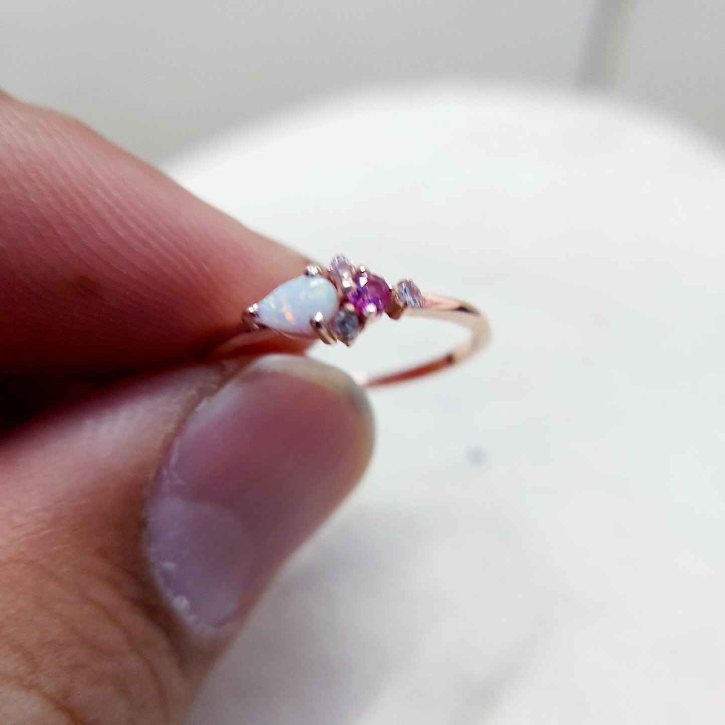 Pear Cut Opal and Pink Tourmaline Ring Gemstone Engagement Silver Ring Us5~ 15