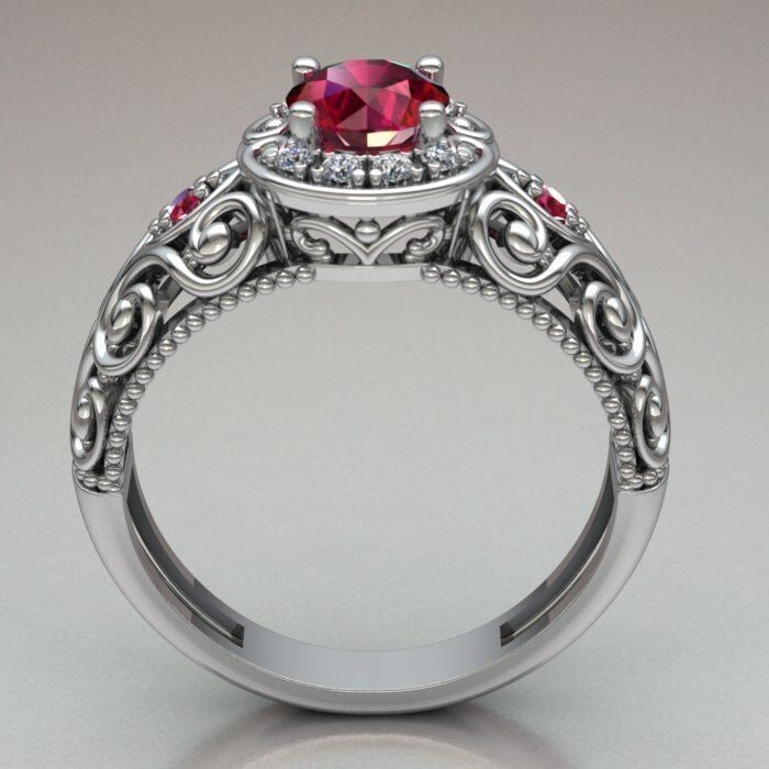Round Cut Lab Created Red Ruby Engagement Ring Art Deco Wedding Ring Gift US5-15