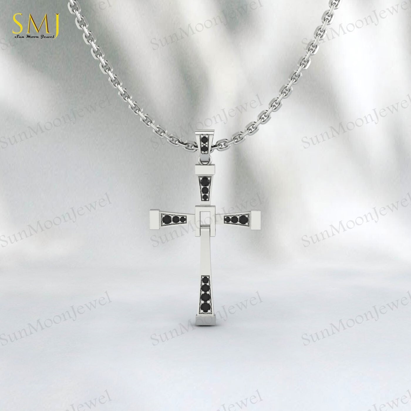 925 Silver Natural Black Onyx Cross Necklace Religious Charm Pray Rosary Pendant