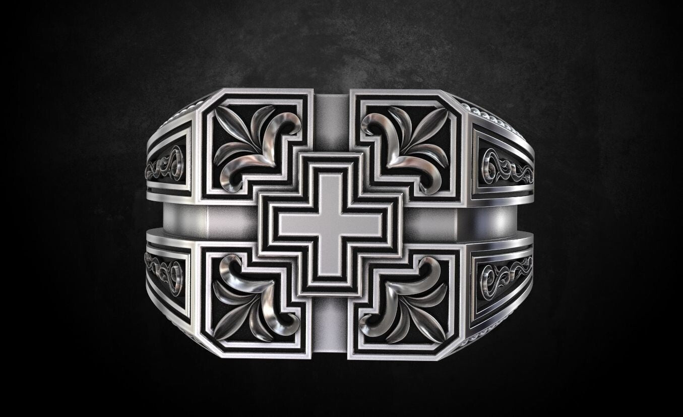 Engraved Cross Christian Religious Handmade Silver Ring US7-15 Men's Cross Ring