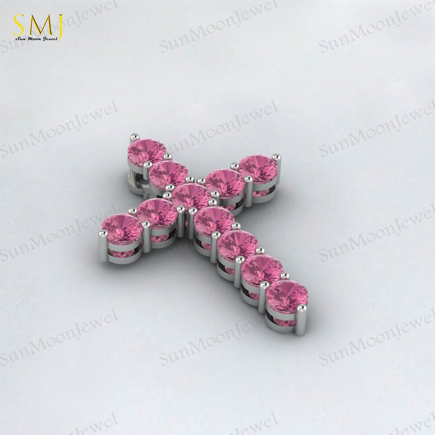 925 Silver Natural Pink Tourmaline Cross Necklace Pendant December Birthstone