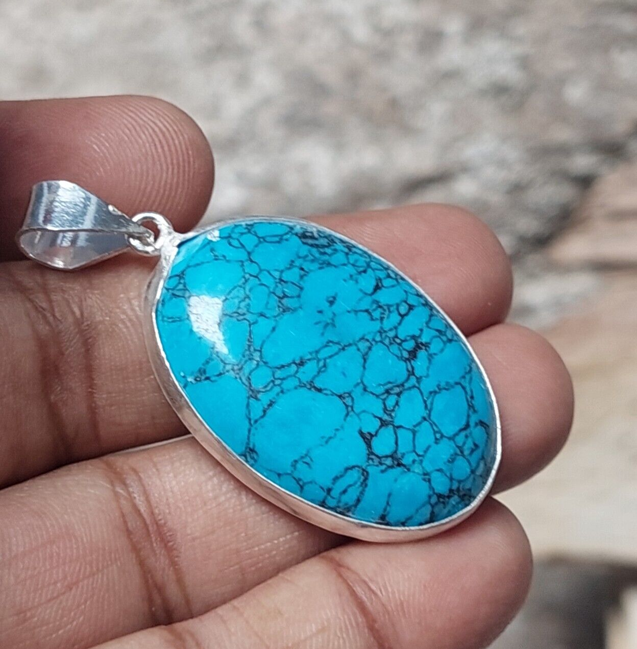 Natural Oval Turquoise Gemstone 925 Sterling Silver Woman Pendant Gift For Her