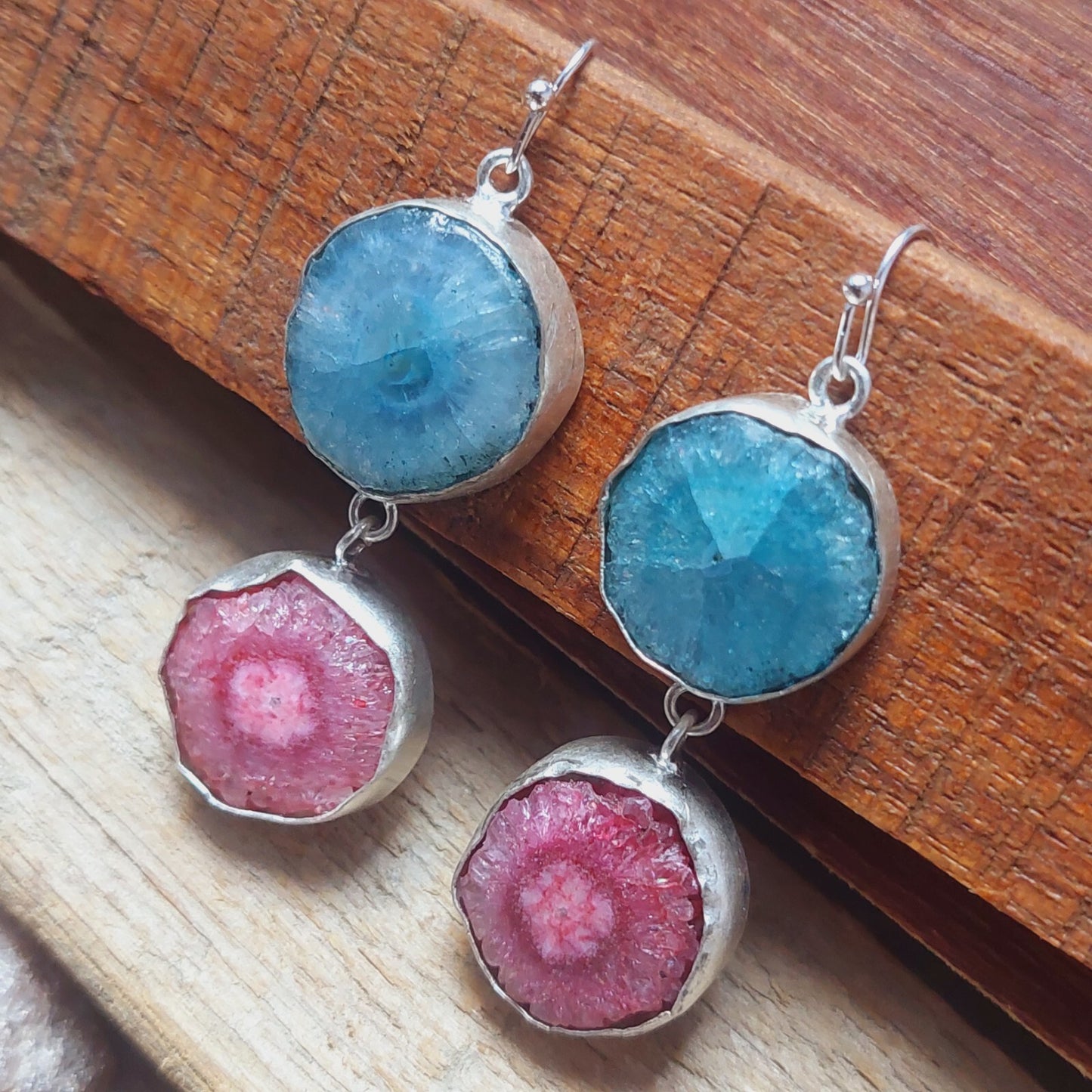 925 Sterling Silver Natural Blue And Pink Solar Quartz Handmade Earring For Her