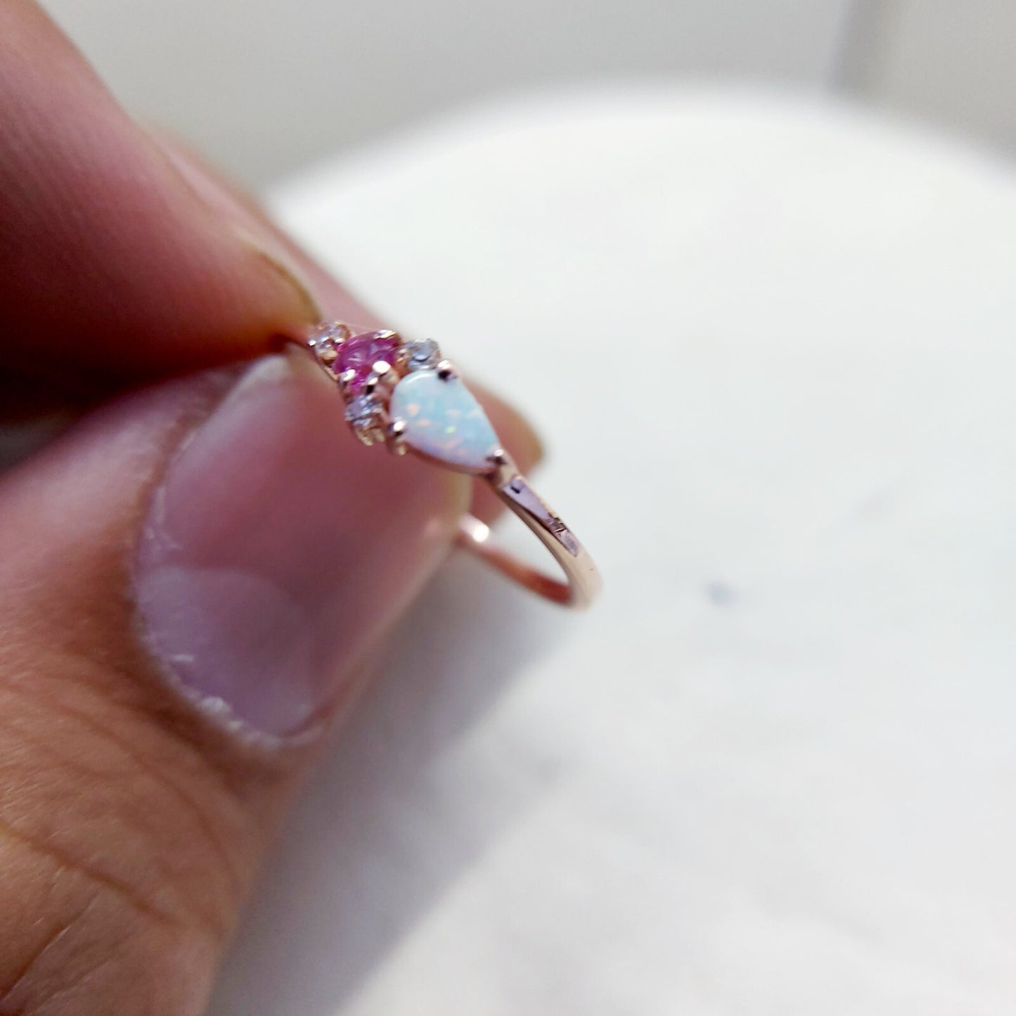Pear Cut Opal and Pink Tourmaline Ring Gemstone Engagement Silver Ring Us5~ 15