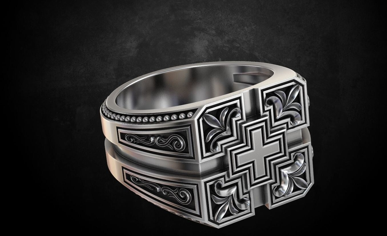 Engraved Cross Christian Religious Handmade Silver Ring US7-15 Men's Cross Ring