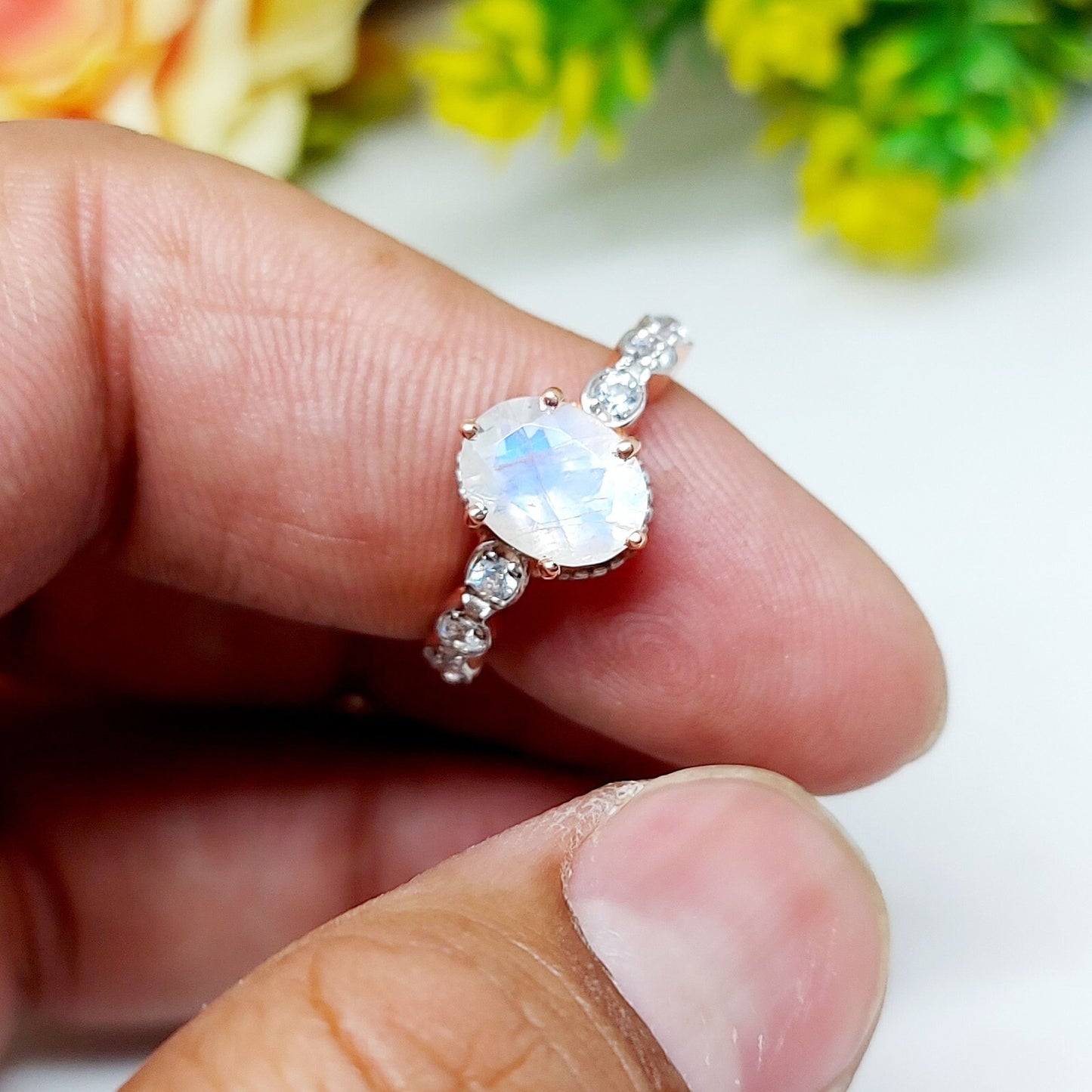 Natural Oval Cut Fire Moonstone Ring 925 Sterling Silver ArtDeco Engagement Ring