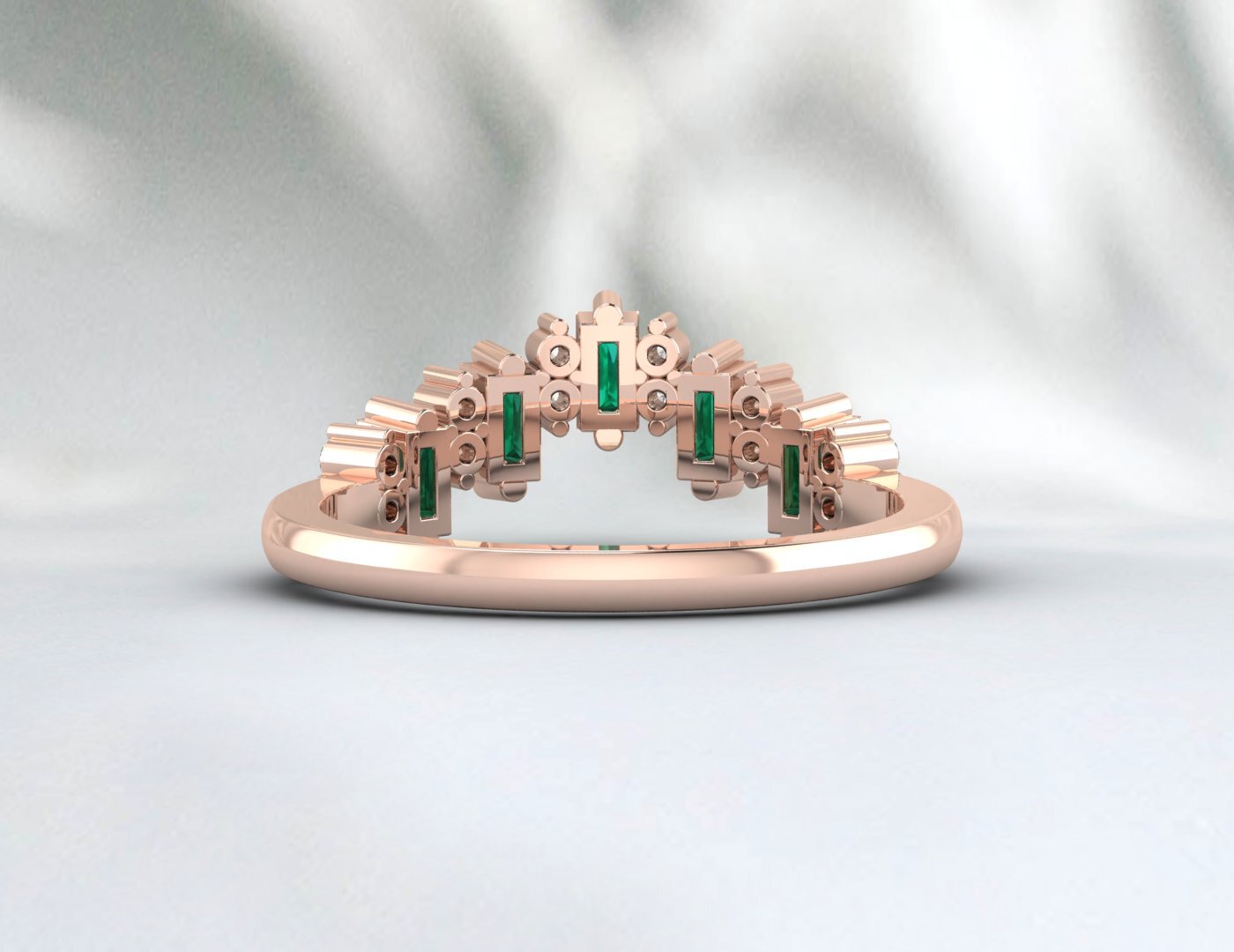 Baguette Green Emerald Crown Wedding Band Fine Silver Daimond Lab Created Band