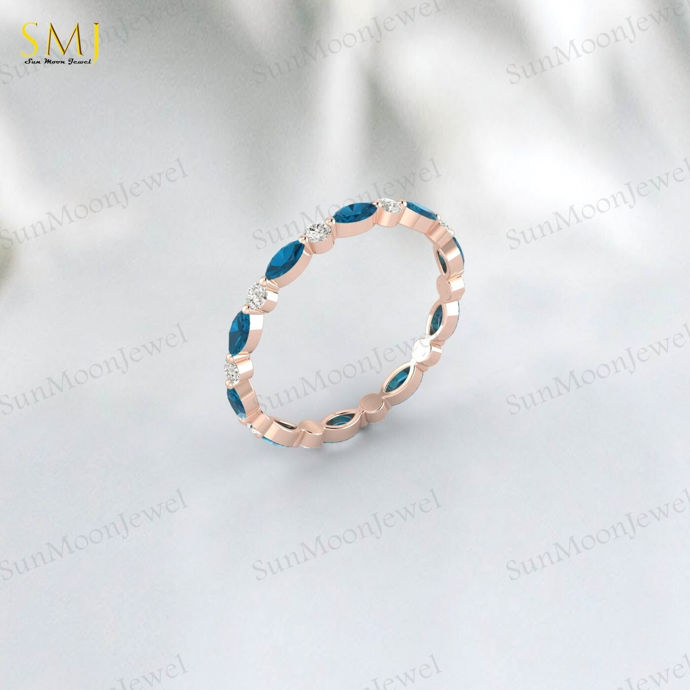 Full eternity Natural London Blue Topaz wedding band Marquise 925 Silver