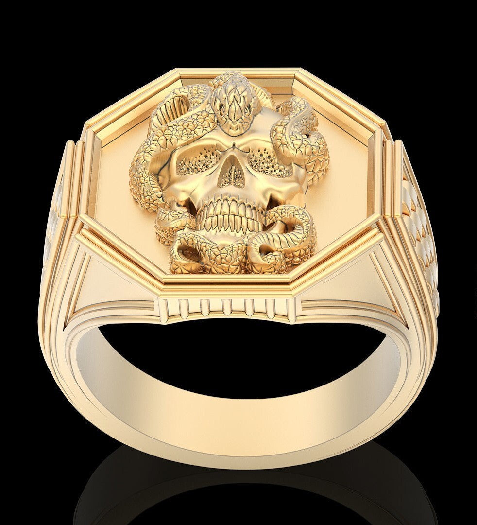Gothic Brass Skull Snake Ring Men Punk Biker Custom Band Skull Men Ring Us5~15