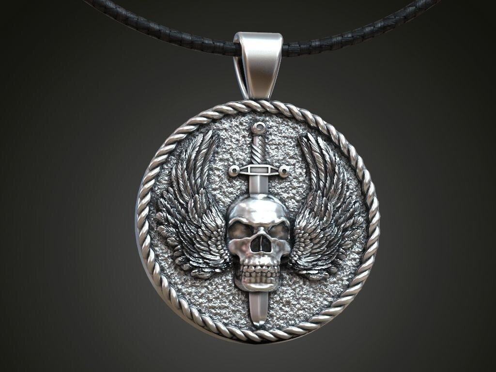 Gothic Mens Biker Skull Wings Pendant MENDEL Skull Wings Necklace Silver Jewelry