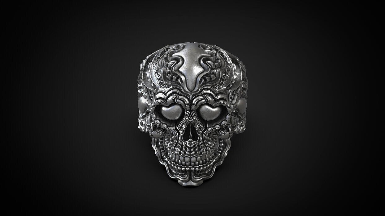 925 Sterling Silver Biomechanical Skull of Love Ring US7~15 Oxidized Biker Rider