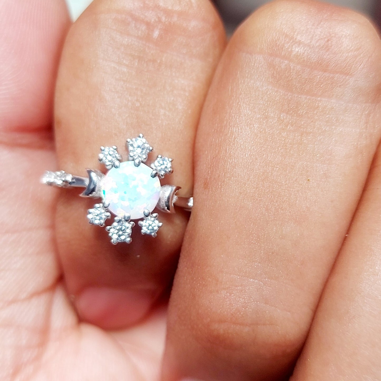 Natural Opal Ring Round Cut CZ Cluster 925 Silver Gift Ring US5~15 Vintage Look
