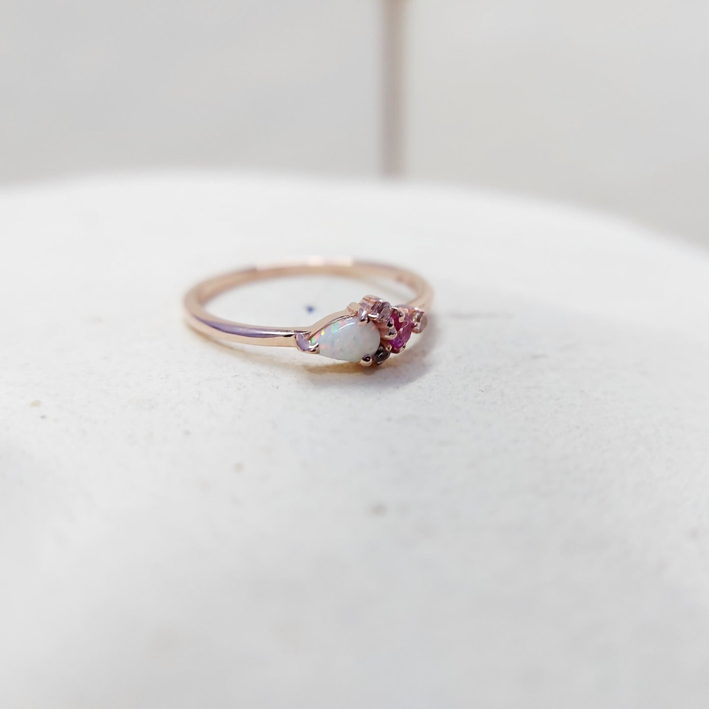 Pear Cut Opal and Pink Tourmaline Ring Gemstone Engagement Silver Ring Us5~ 15
