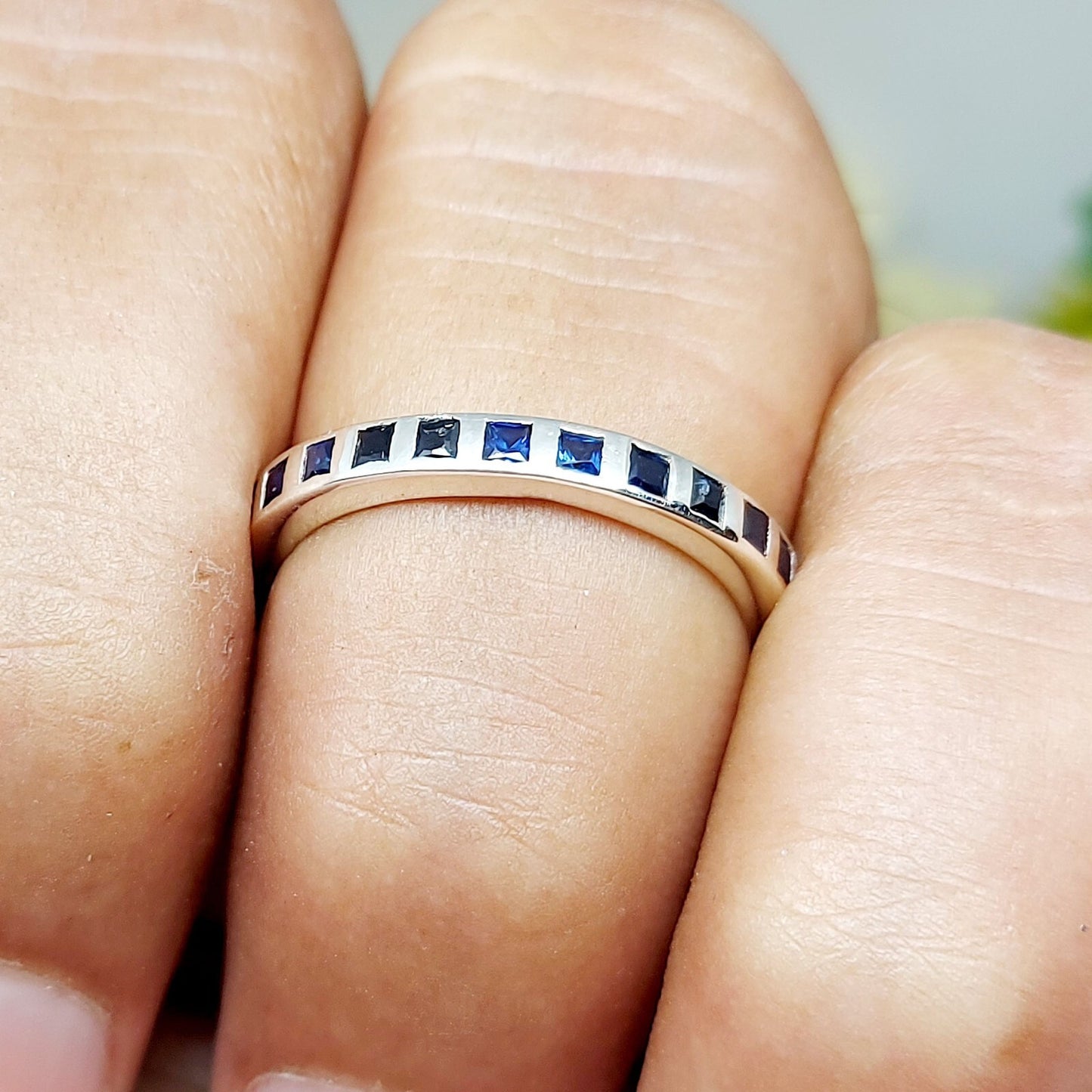 Princess Cut Blue Sapphire Curved Band 925 Sterling Silver Lab Created Ring Band