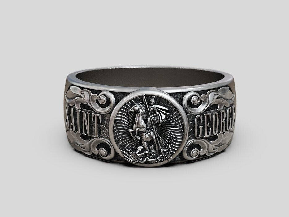 925 Silver St George Warrior Dragon Signet Ring Religious Men Women Ring US5-15