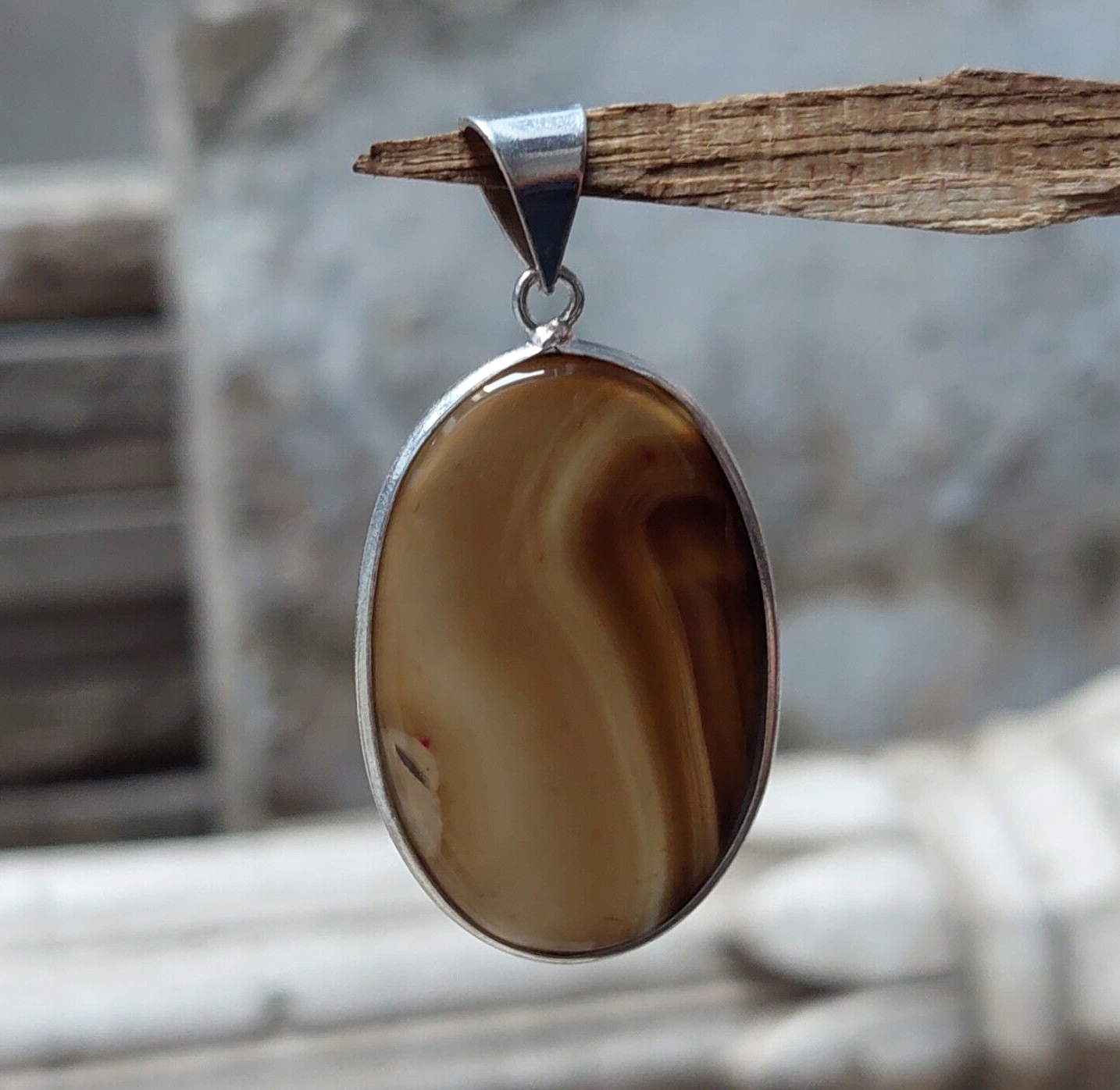 Vintage Chocolate Oval Brown Banded Agate Sterling Silver Pendant,Bezel Pendant