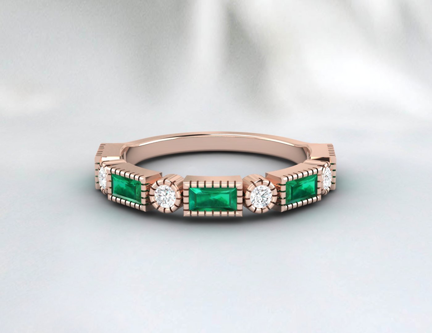 Baguette Cut Emerald & Cubic Zirconia Half Eternity Fine Silver Band Lab Created