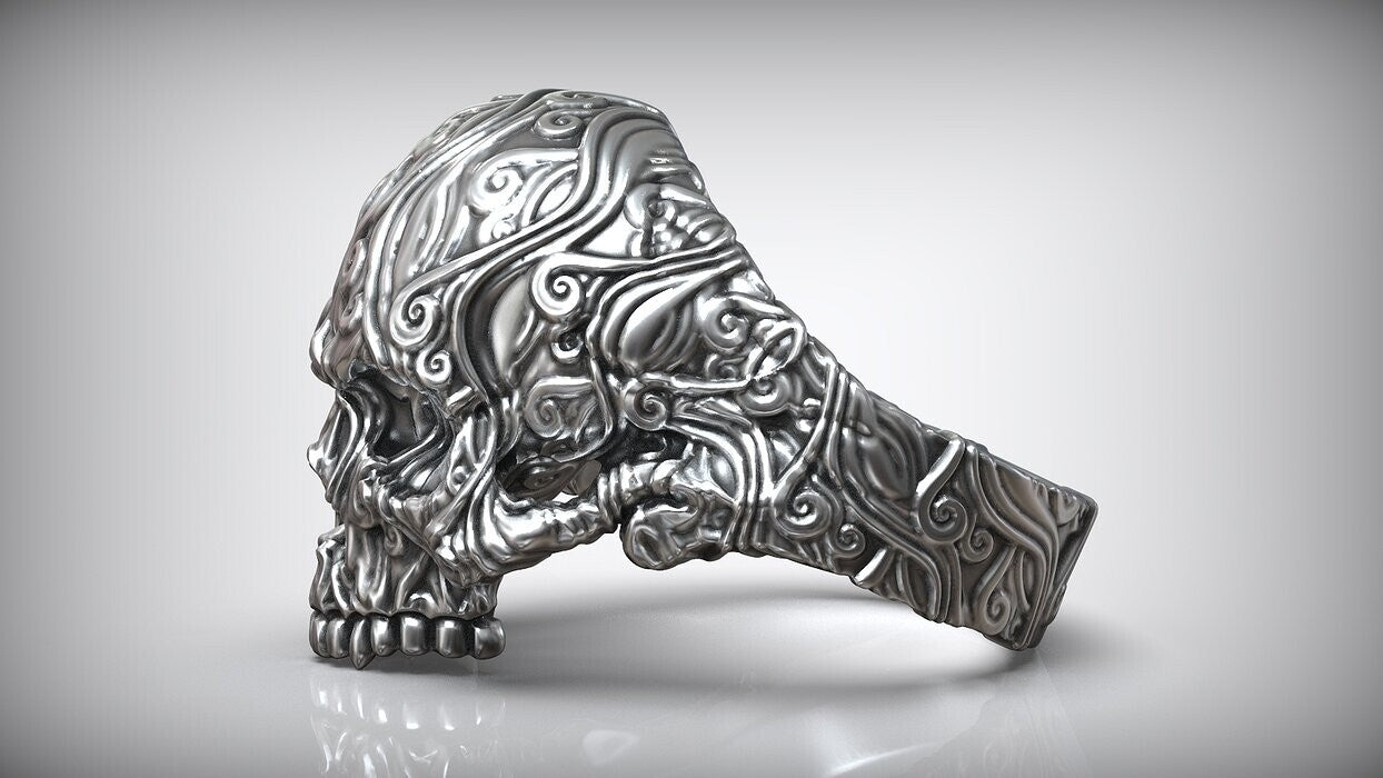925 Sterling Silver Skull Head Sea Wave Ring US7~13 Oxidized Biker Rider Ring