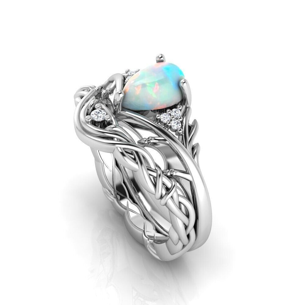 Fire Opal Pear Cut Halo Engagement CZ Ring US5~15 Silver Handmade Jewelry Gift