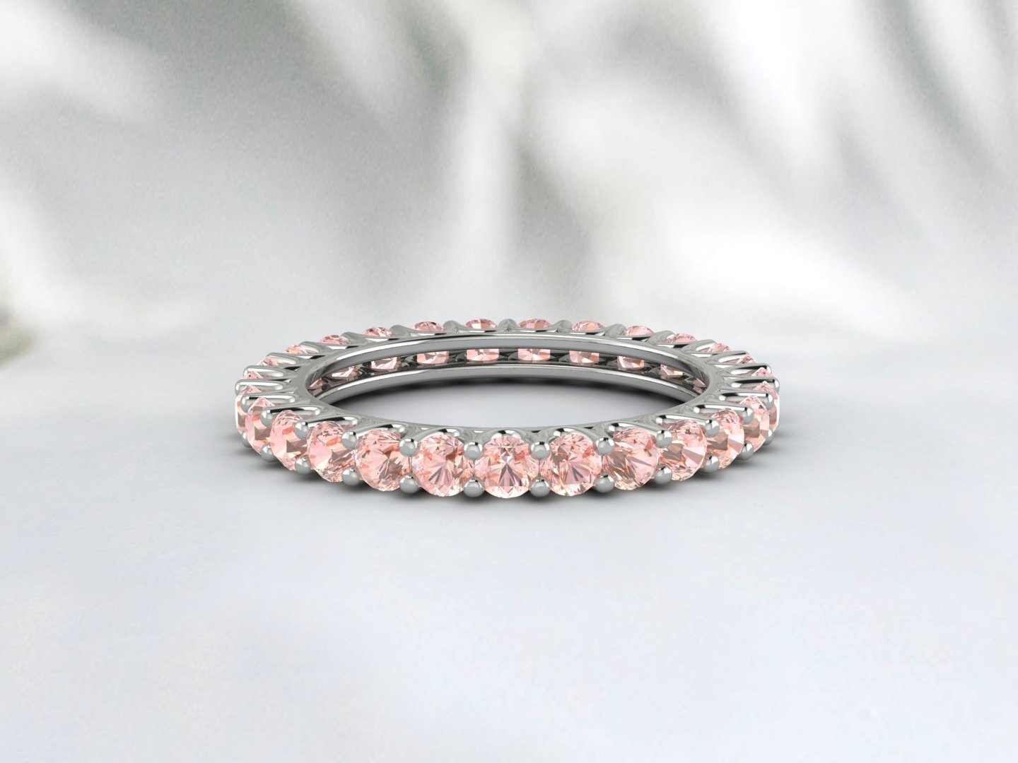 Natural Round Peach Morganite Band Eternity Matching Promise Fine Silver Band