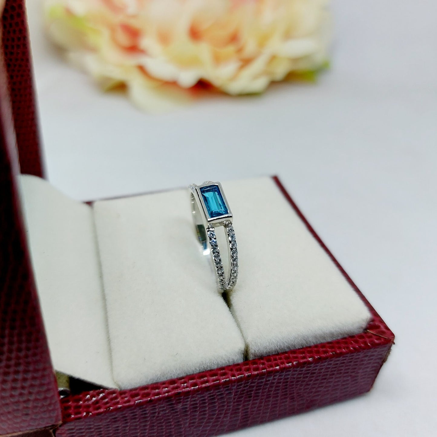 Silver Blue Tourmaline Baguette Shape Ring Women Birthstone Gift Ring Us5~ 15