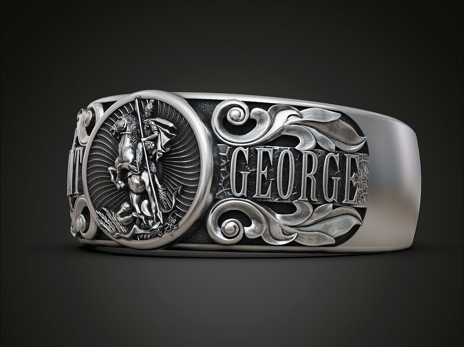 925 Silver St George Warrior Dragon Signet Ring Religious Men Women Ring US5-15