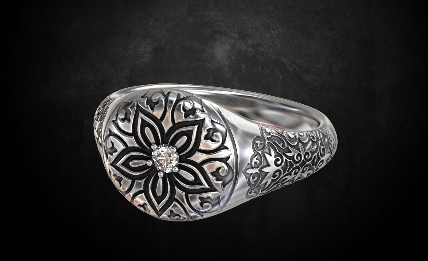Vintage CZ Signet Ring 925 Silver Handmade Antique Style Gift for Men US5-15