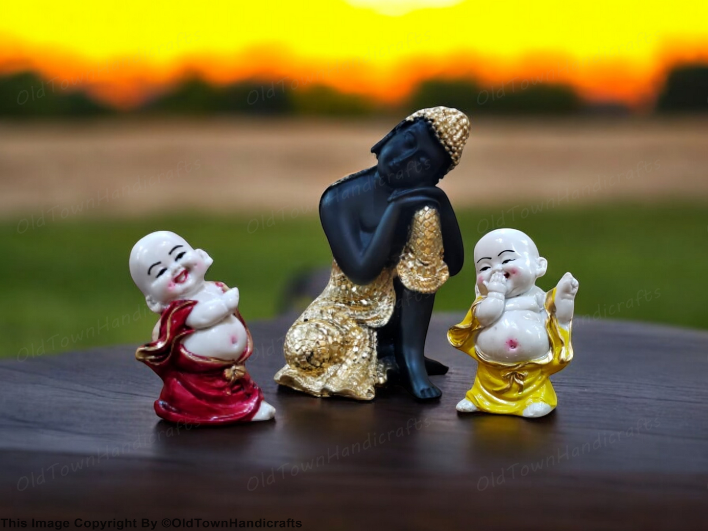 Divine Resting Buddha Idol with Two Child Monks Home Office Decor Gift Showpiece