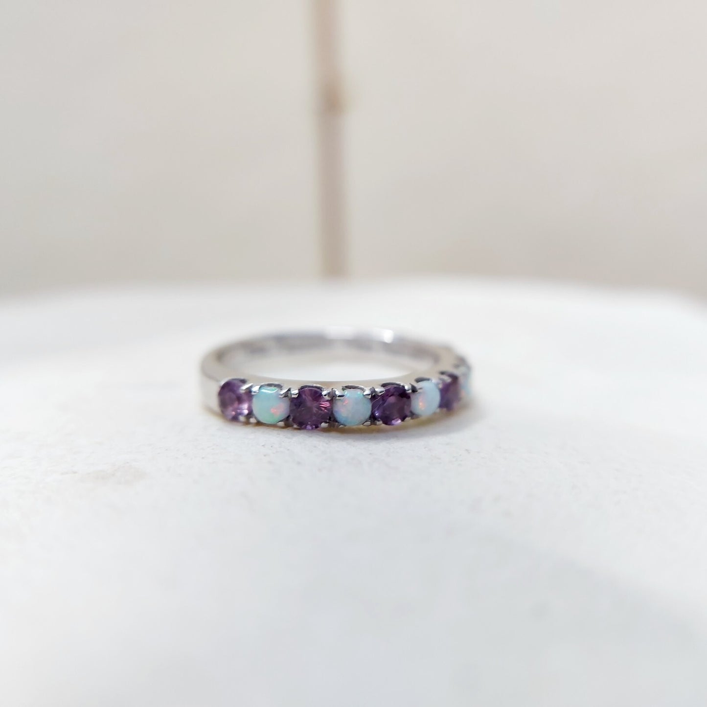 Fire Opal Amethyst Ring Genuine Silver Half Eternity Band Handmade Women US5~15