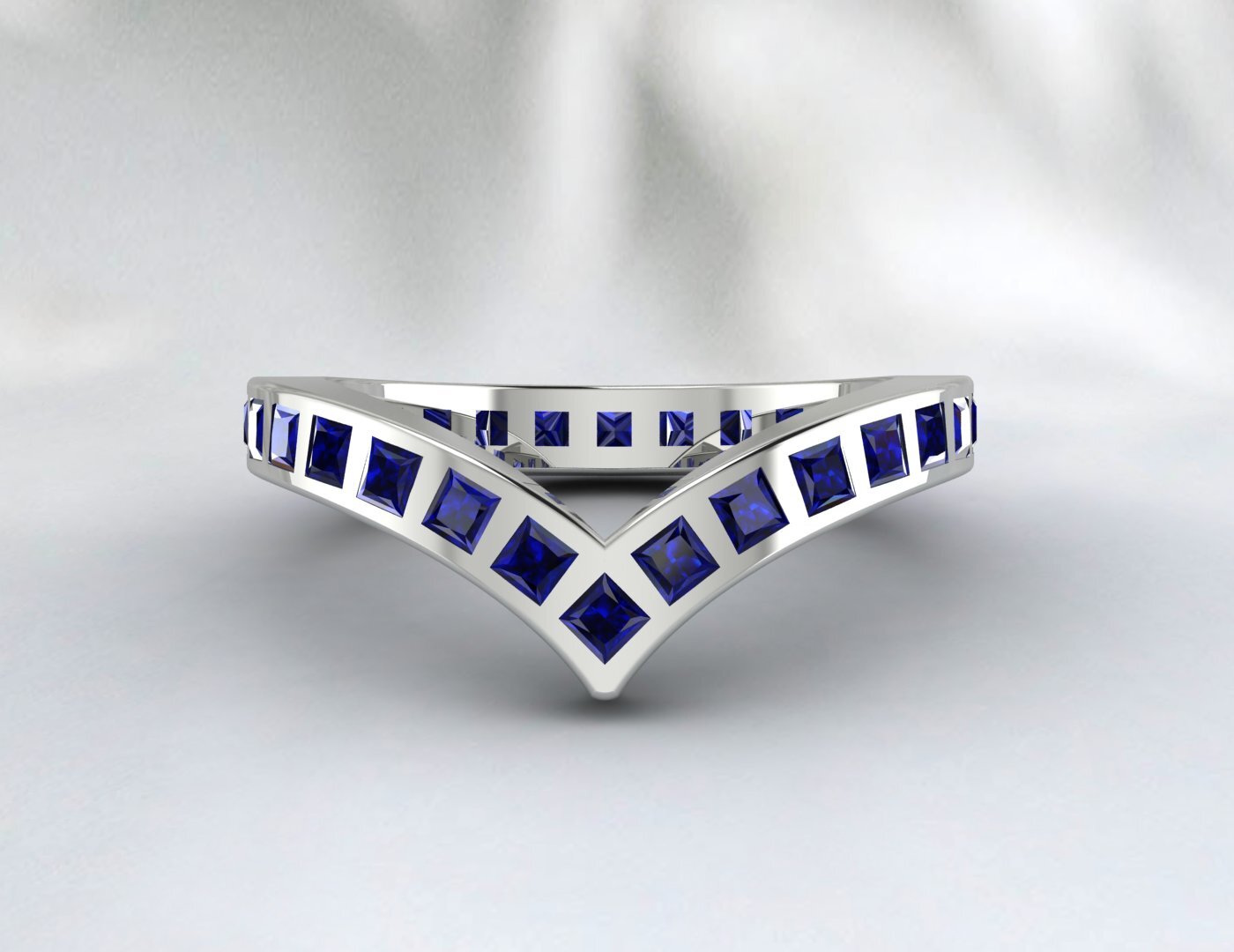 Princess Cut Blue Sapphire Wedding Band Fine Silver Lab Created Curved Band