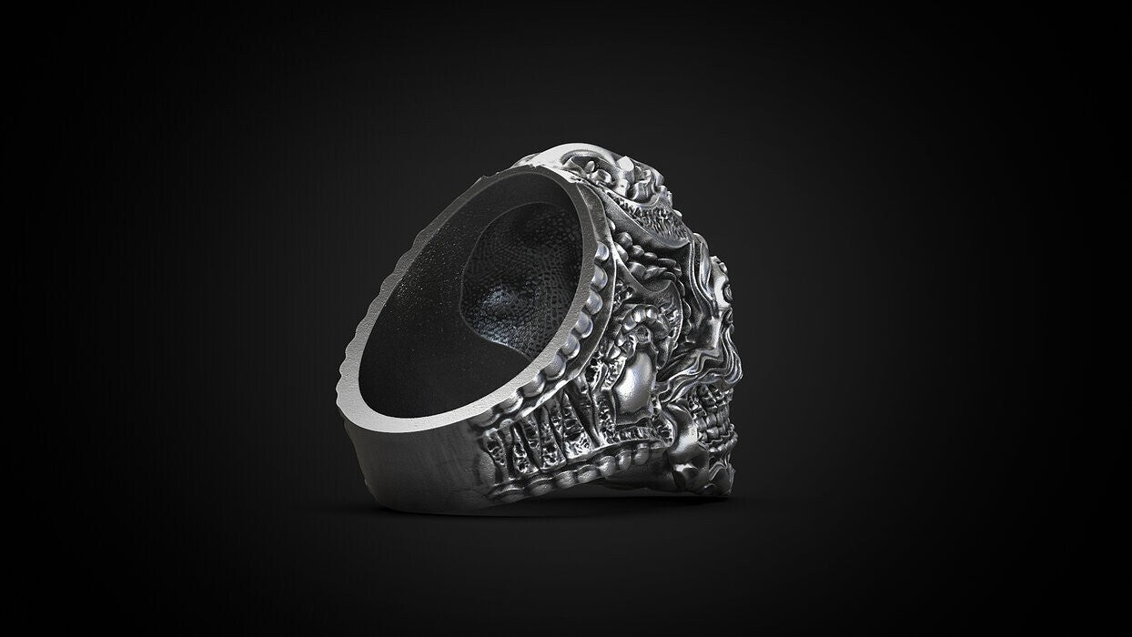 925 Sterling Silver Biomechanical Skull of Love Ring US7~15 Oxidized Biker Rider