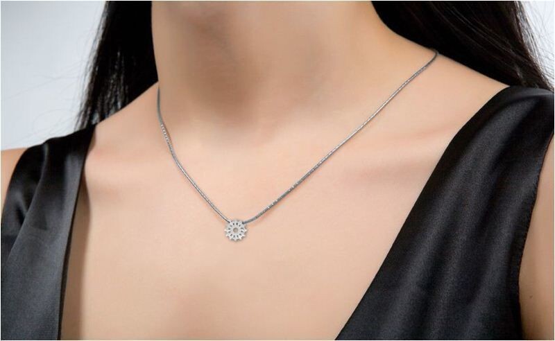 925 Sterling Silver Sunflower Pendant Necklace CZ Sun Starburst Gift For Women