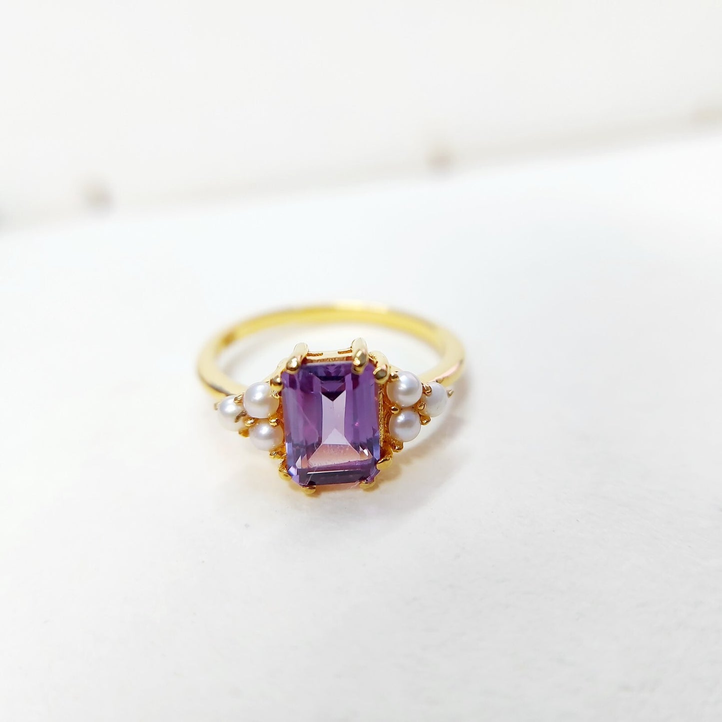 Emerald Cut Amethyst Pearl Ring 925 Silver Handmade Engagement Women Ring US5~15