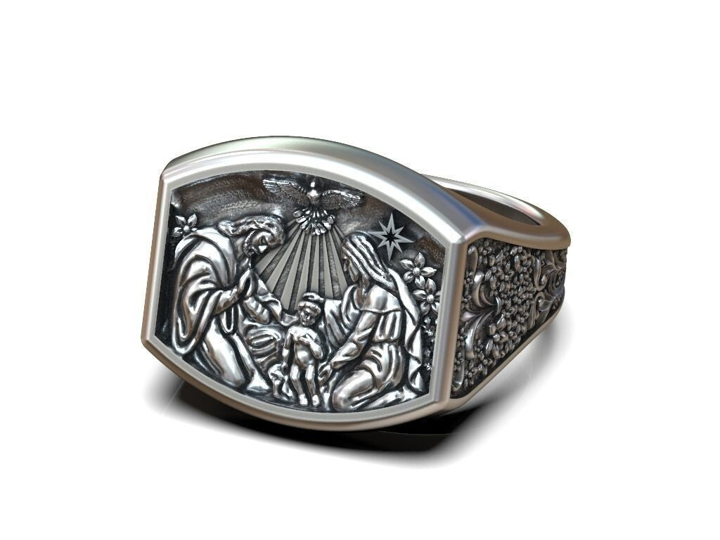 925 Sterling Silver Baby Jesus Nativity Star of Bethlehem Hail Mary Ring US5~15