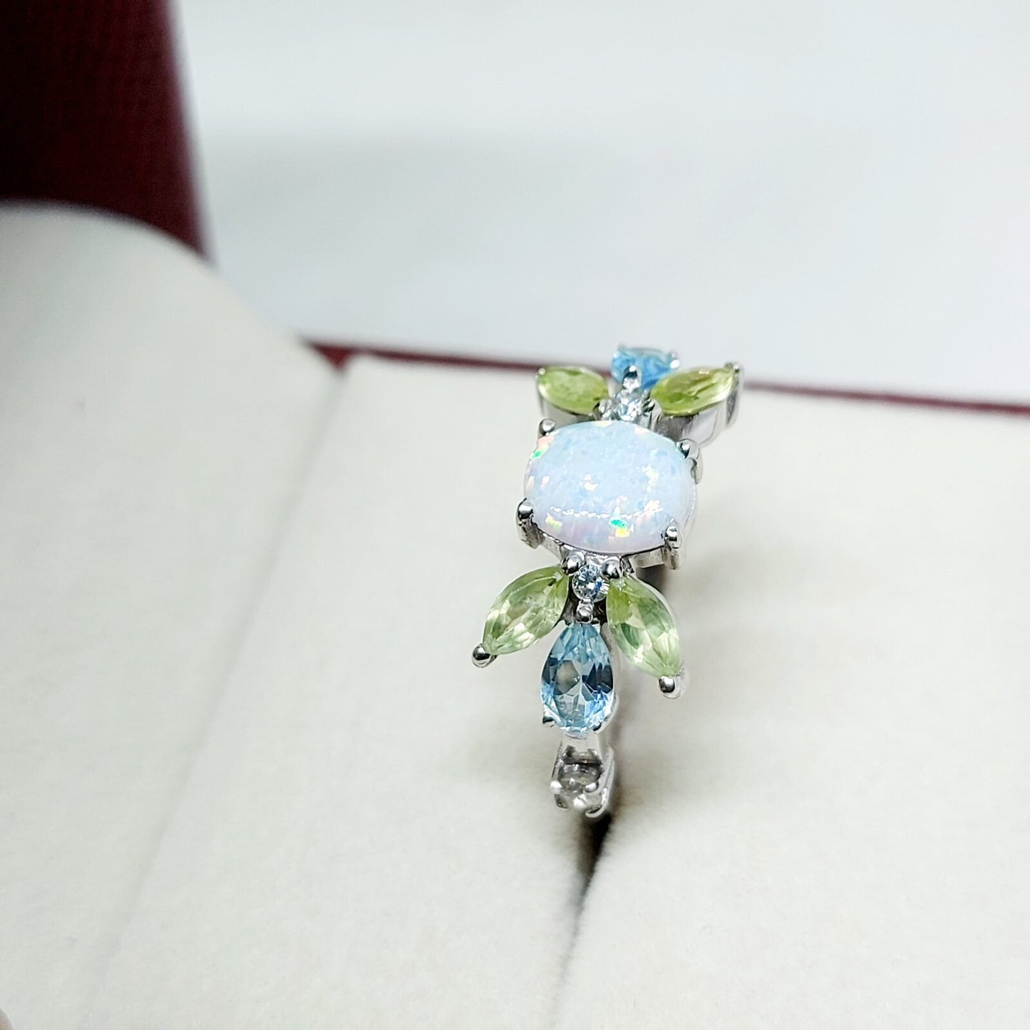925 Silver Peridot Opal Cluster Ring Oval Cut Opal Promise Wedding Ring US5 ~15
