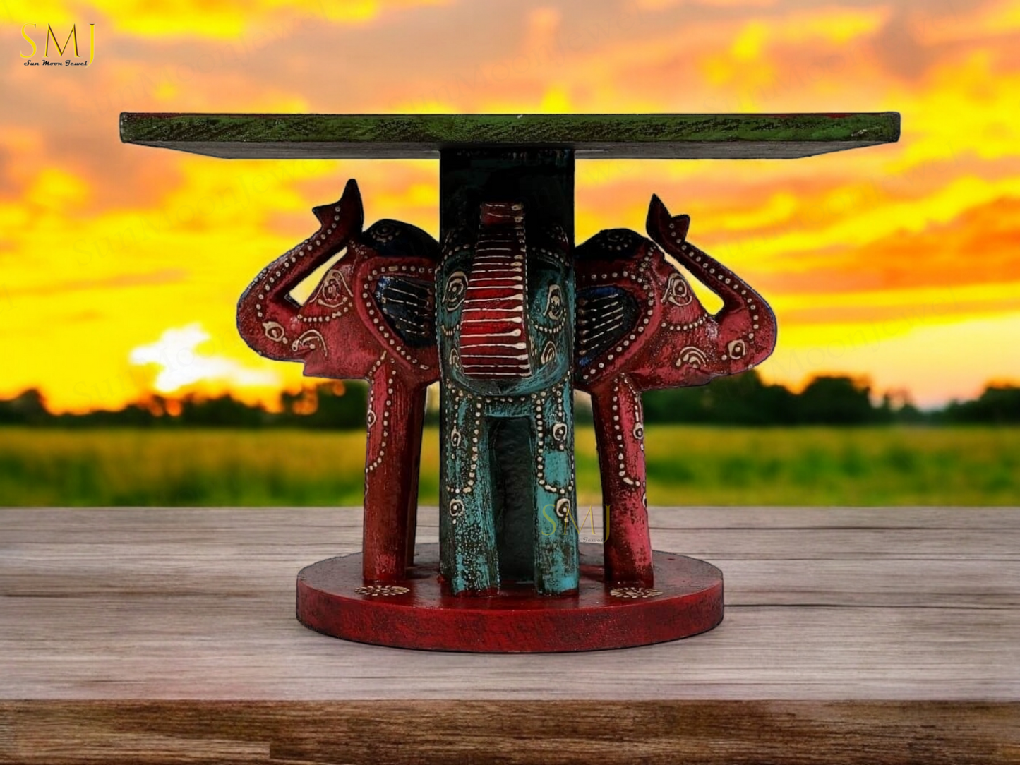 Elephant Top Table Square Teak Wood Elephant Table Hand Painted Elephant Gift