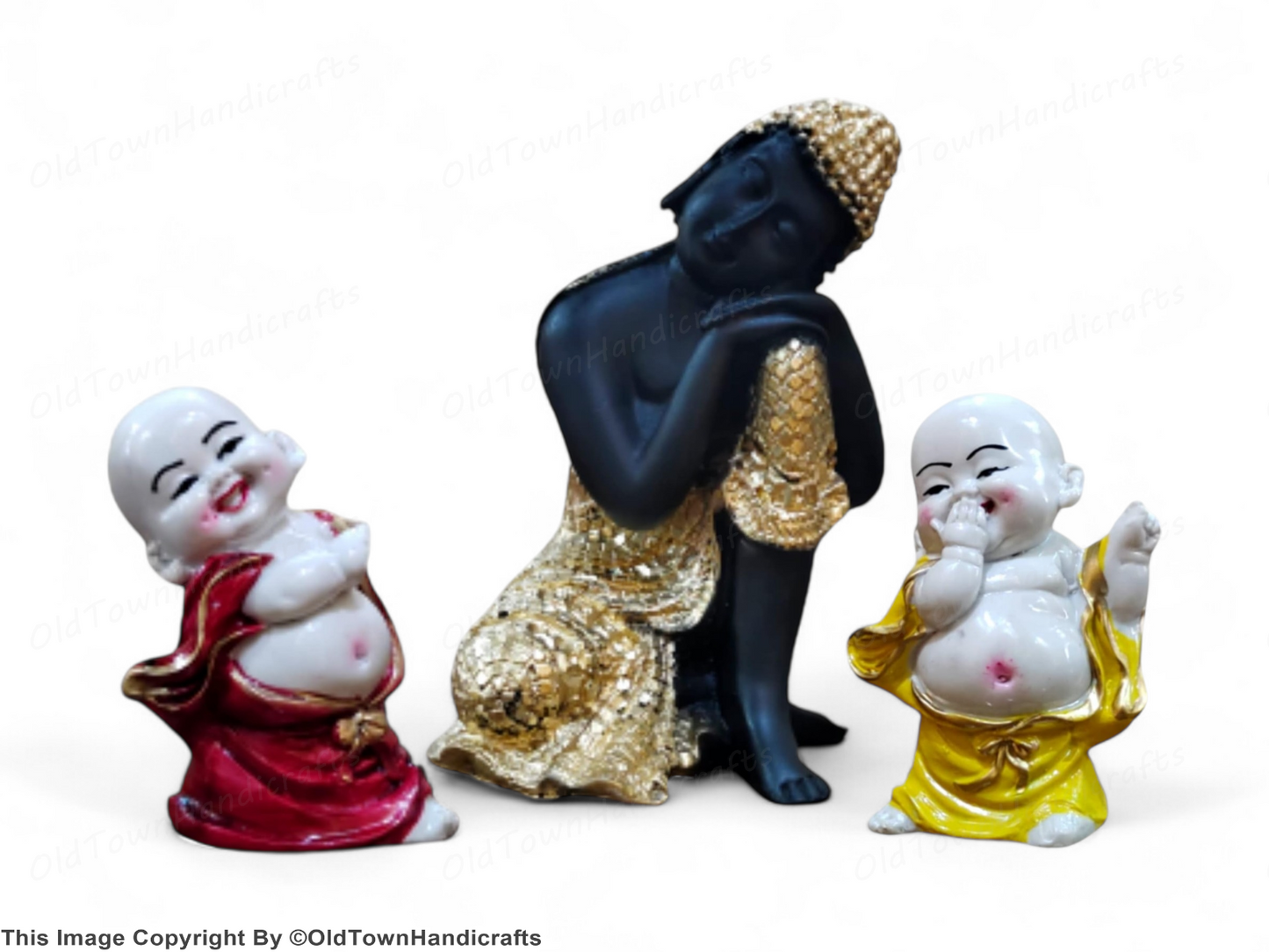 Divine Resting Buddha Idol with Two Child Monks Home Office Decor Gift Showpiece