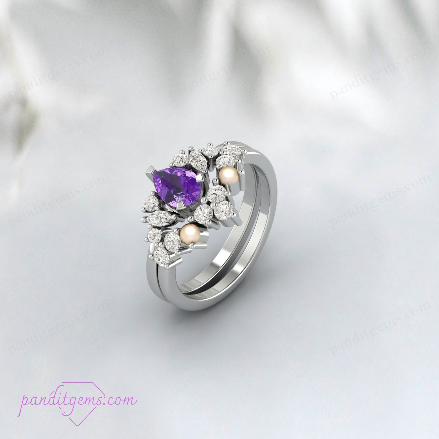 925 sterling silver amethyst and pearl wedding set with vintage-inspired design.