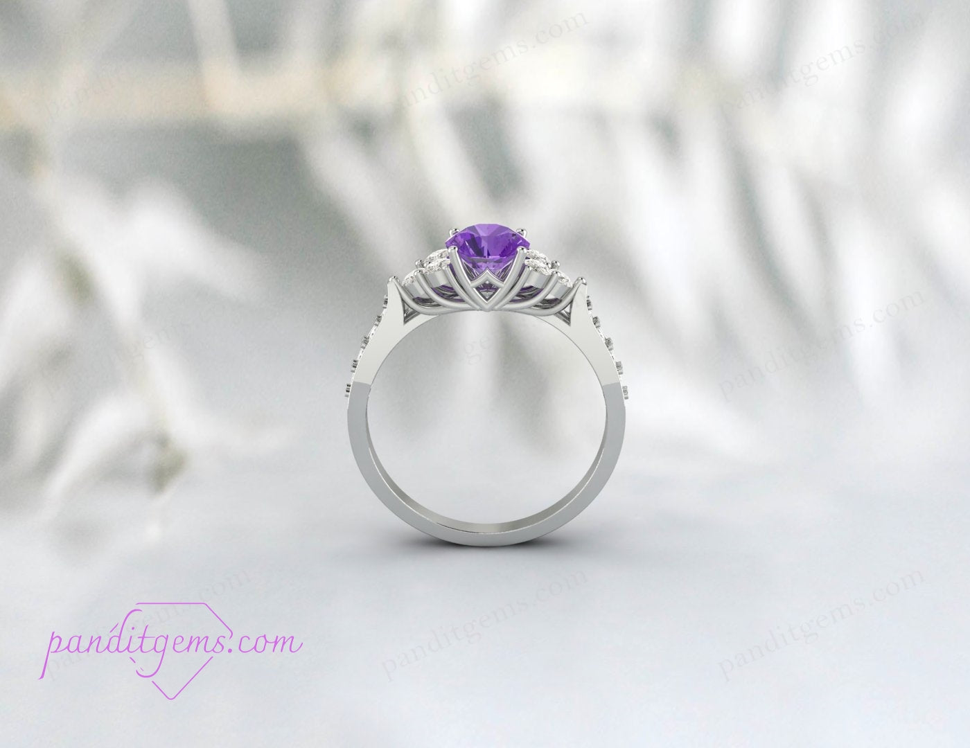 A woman wearing a vintage-inspired amethyst ring with moissanite stones, symbolizing elegance.