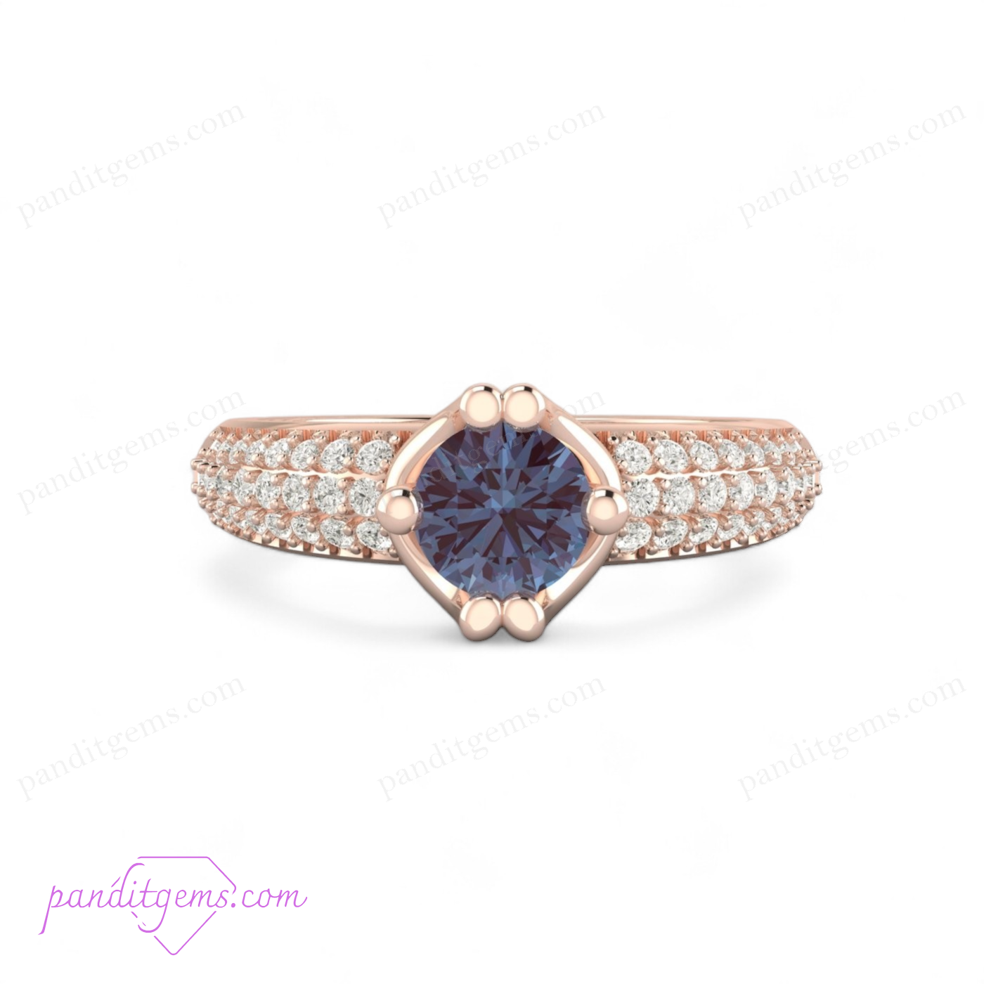 Alexandrite engagement ring with simulated diamonds in a sterling silver band.