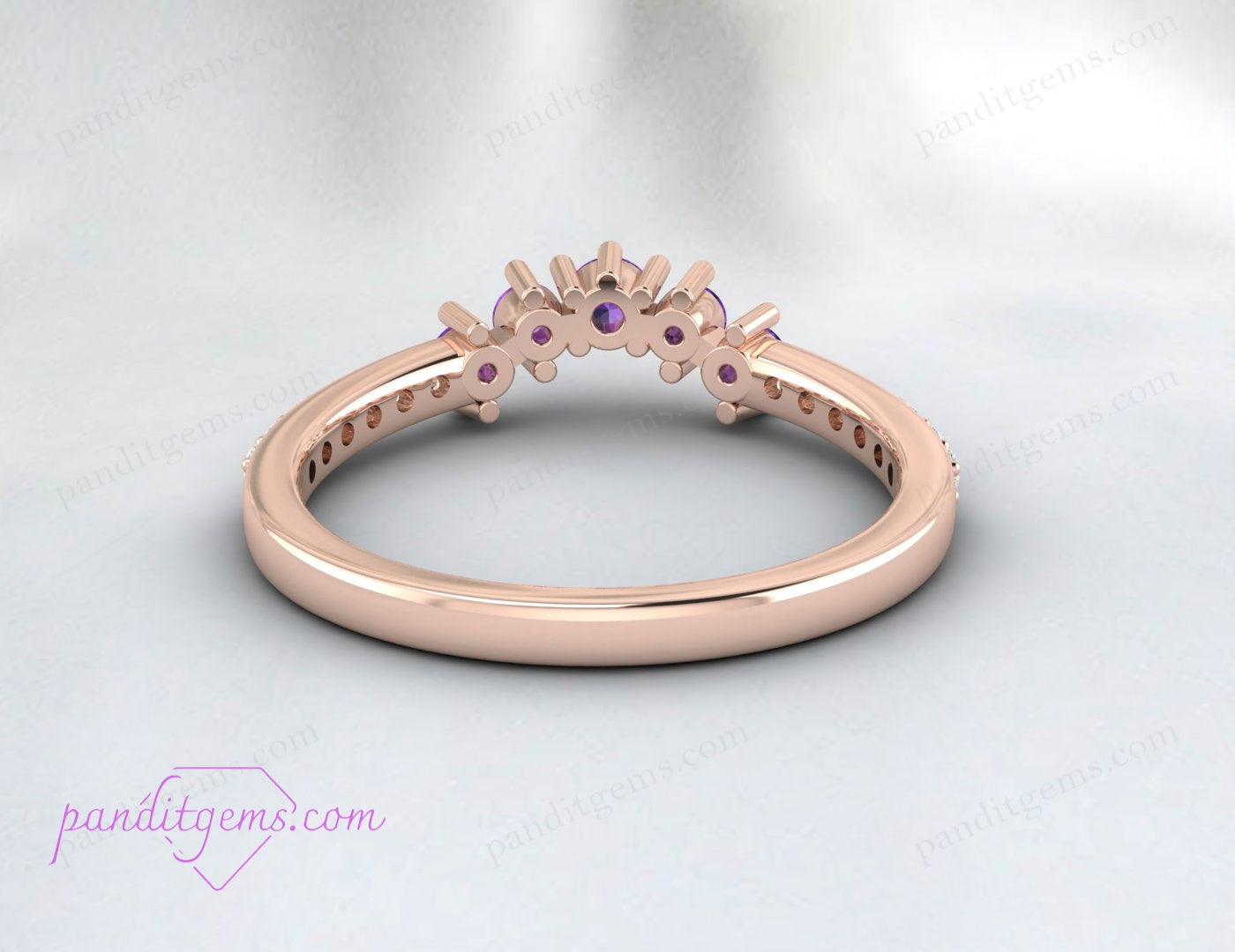 Amethyst Wedding Band Half Eternity Curved Ring, vintage style