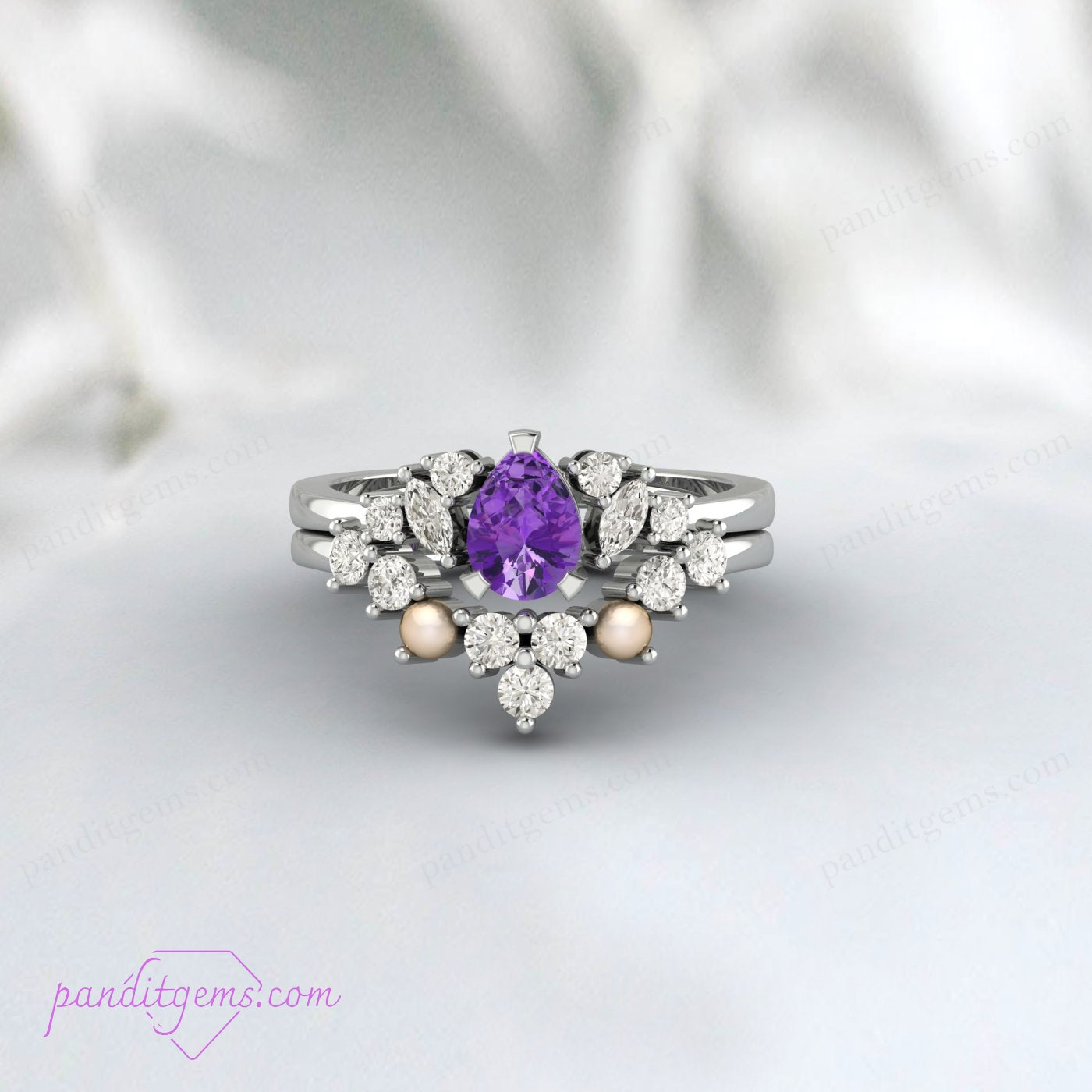 Amethyst engagement ring with vintage diamond crown and pearl accents for February birthdays.
