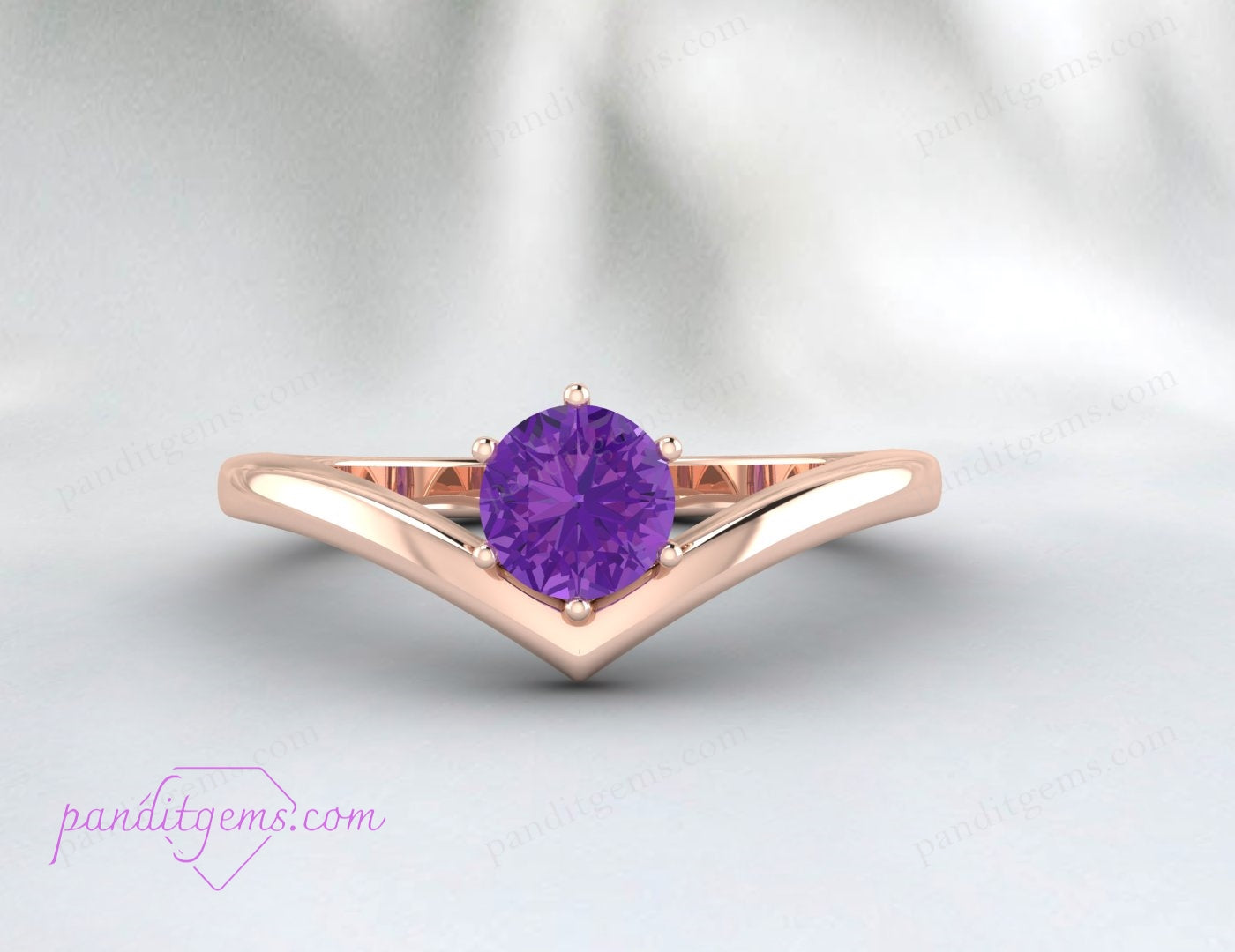 Amethyst solitaire chevron ring in 925 sterling silver, perfect as a February birthstone gift or promise ring for her.