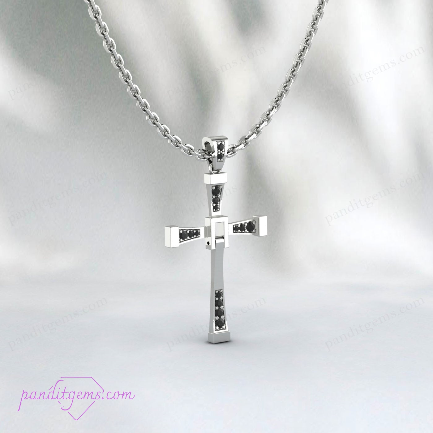 Black Onyx Gemstone Cross Necklace on 925 Sterling Silver Chain